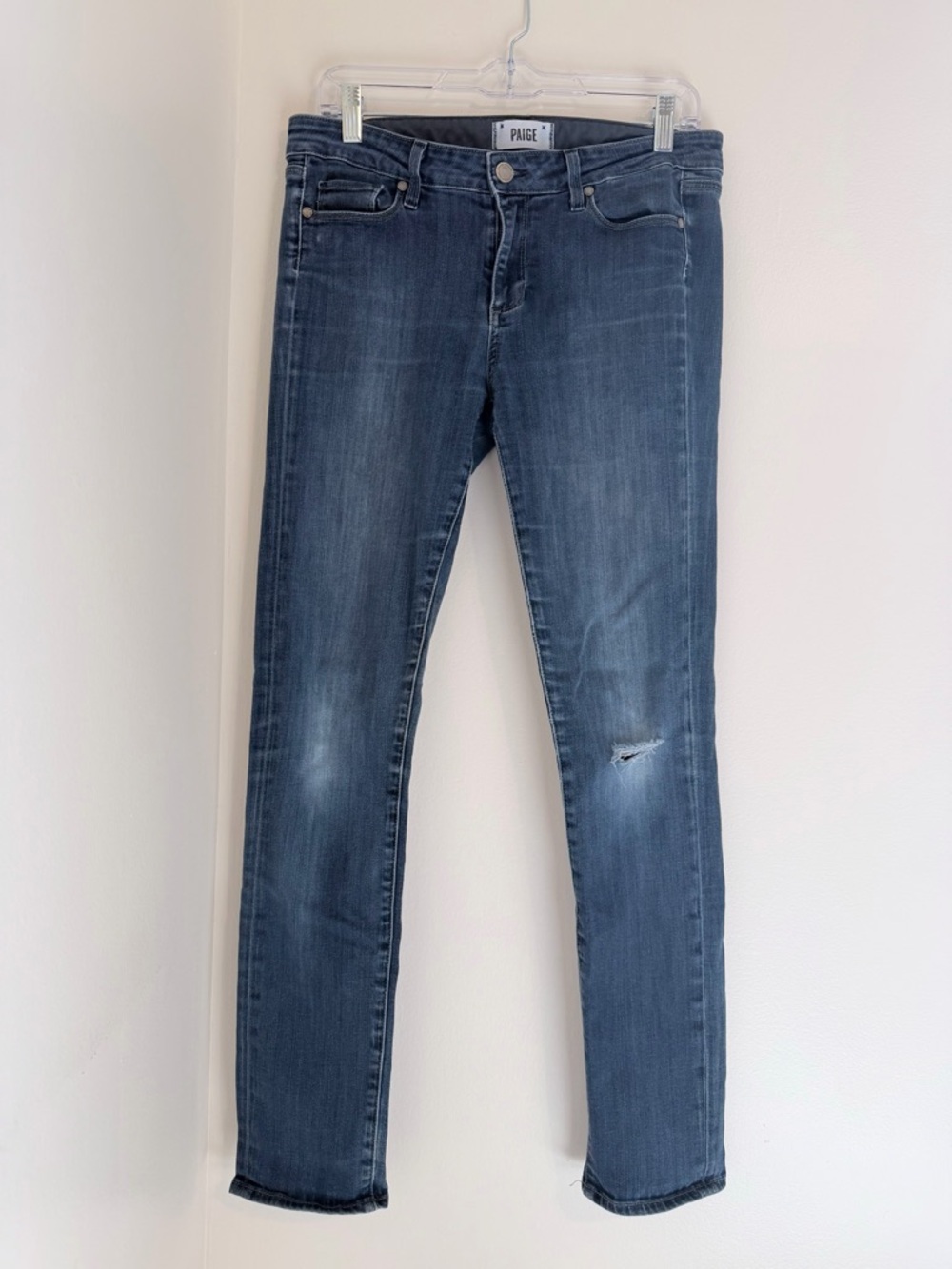 PAIGE Dark Blue Skinny Jeans with Knee Distress